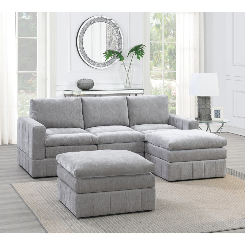Canapé modulaire 5 pièces de couleur granit, dossier à coussin, coussin triple couche en suède gris 5 pièces, structure en bois