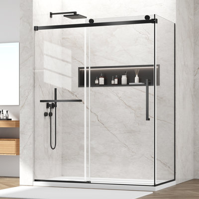 Yttsoyts 56-60”W X 32"D X 76"H Frameless Shower Enclosure, 5/16" Thickened Tempered Glass Corner Shower Door, Single Sliding Shower Stall With Double Sided Nano Coating, Matte Black