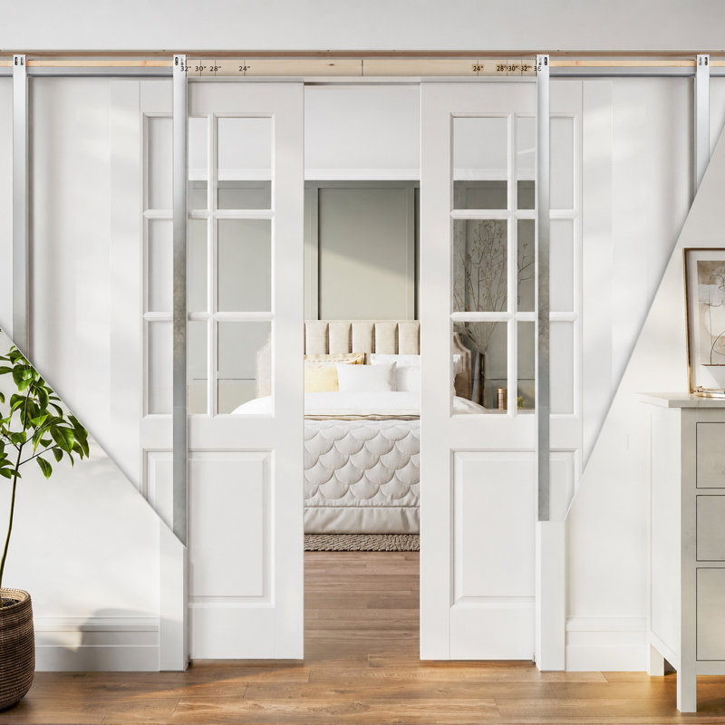 6-Lite Clear Glass Interior Sliding Glass Pocket Double Doors White Standard Door with Hardware Kit Set, 60" x 80"