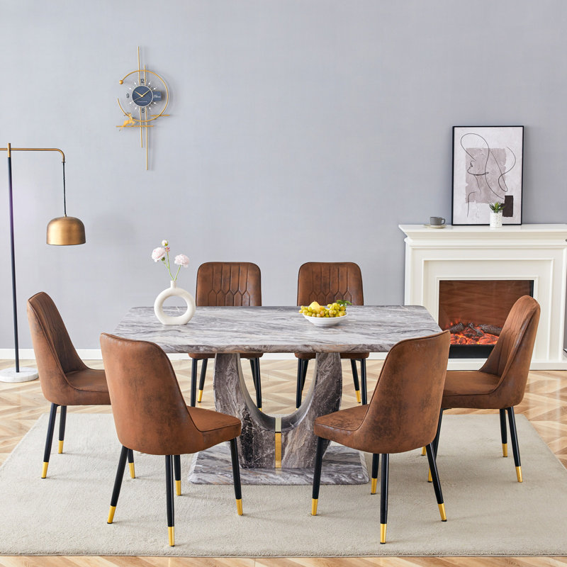 63" Modern Gray Dining Table Set With PU Leather Chairs, U-Shaped MDF Base, Brown, 7 Pieces: Table, 6 Chairs
