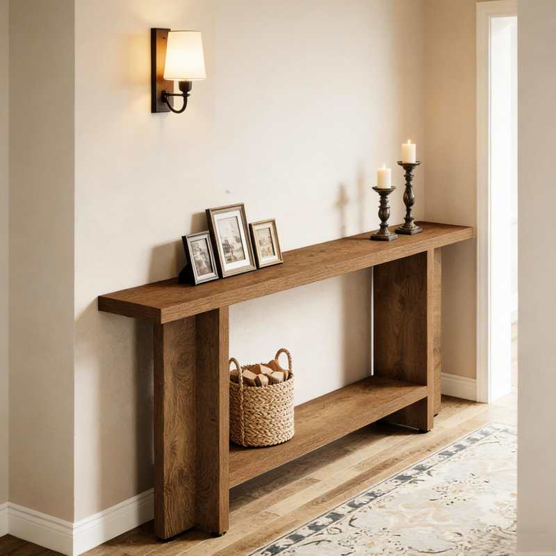 Table de couloir avec rangement à deux couches, brun, 11,87 po de largeur, pieds triangulaires, table de rangement d'appoint Corridor, matériau, structure stable, entrée idéale