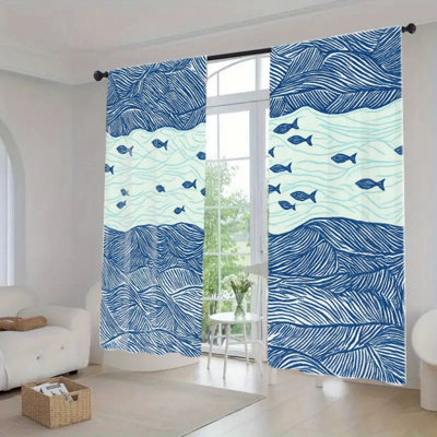 2Pcs Ocean Wave Fish Pattern Curtains, Nautical Themed Coastal Window Drapes For Living Room Bedroom Kitchen Rod Pocket, Decoration Home Office Beach House