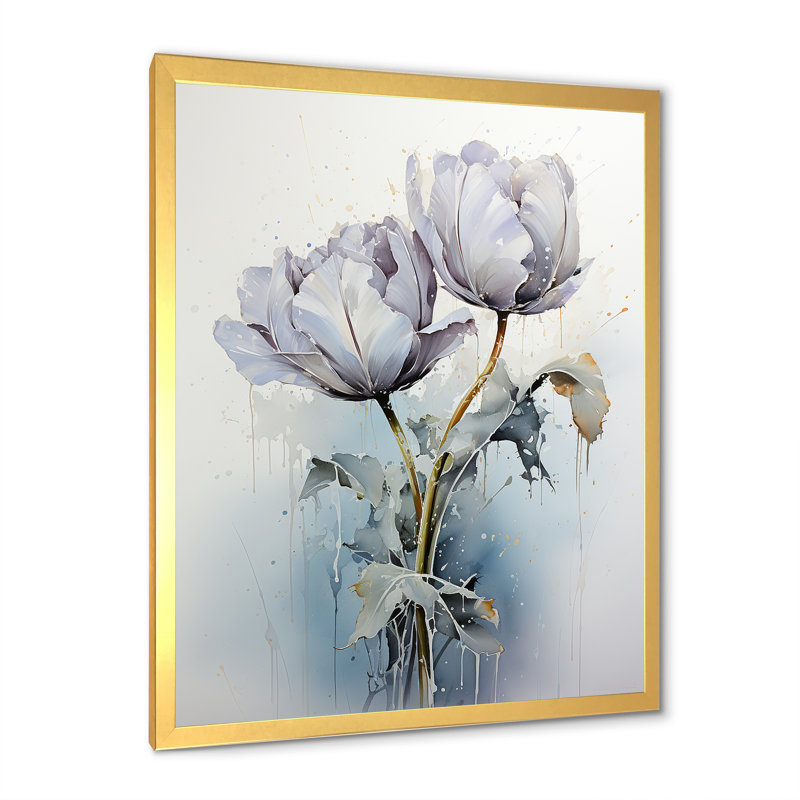 Tulipe grise sur un support sur toile, Cadre doré simple, H 32 po x l 16 po x P 1 po