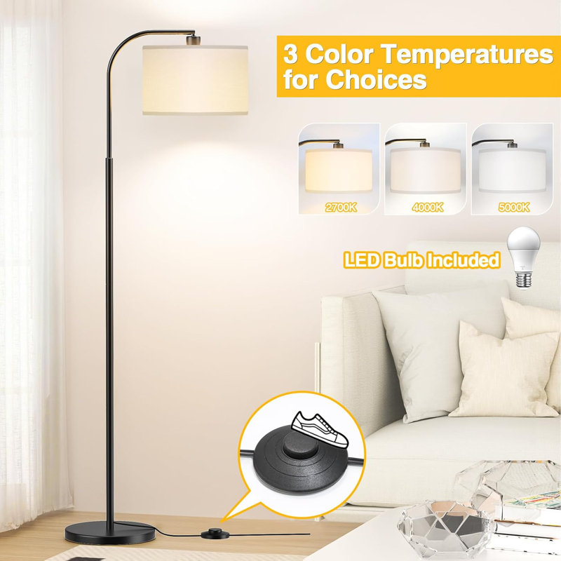 Modern Arc Floor Lamp With Adjustable Shade, 3 Color Temps & Heavy Base For Living Room, Bedroom, Office