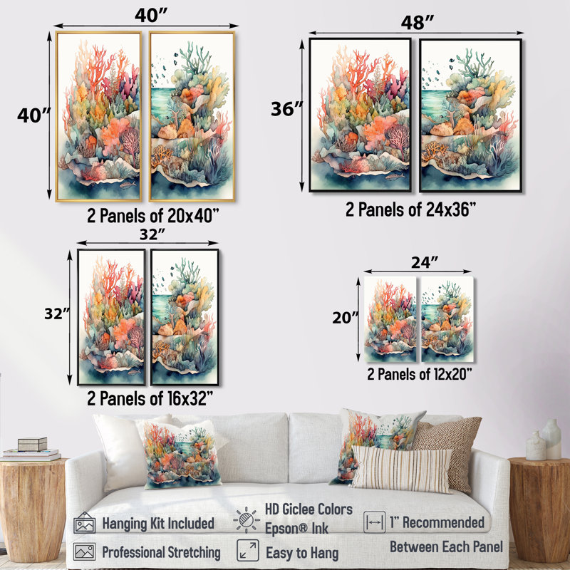 «Vibrant Coral Reef II», art mural moderne sur la plage 2 pièces, Noir, H 36 po x l 48 po