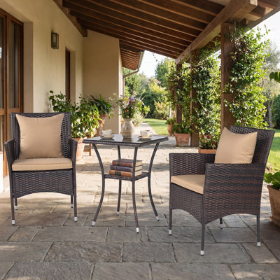 3PCS Patio Wicker Bistro Set, 2 Rattan Chairs with Double-Tier Tempered Glass Table Mix Brown+Beige