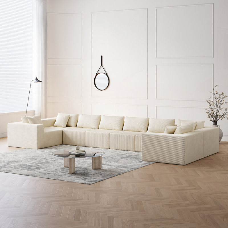 Canapé modulaire modulaire en L avec tissu velours côtelé sans assemblage requis, Velours côtelé beige