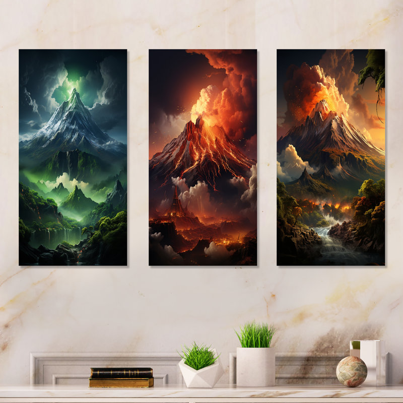 Volcano Volcanic Awakening - Volcano Metal Prints Set Of 3, 32" H x 48" W