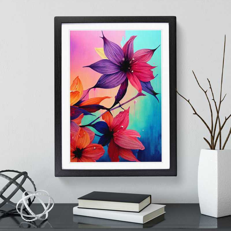 XV1022-3169X Paint Drip Flowers No.3 - Single Picture Frame Print, Black, 64cm H x 46cm W x 2cm D