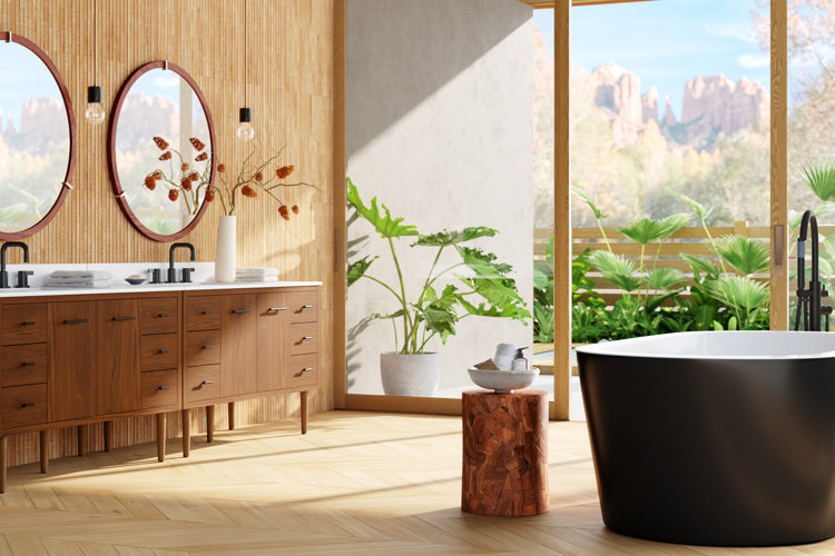 organic modern bathroom with wood floors and wall paneling