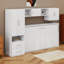 Lit escamotable avec tablettes ouvertes et tiroirs de rangement, armoire encastrée et table