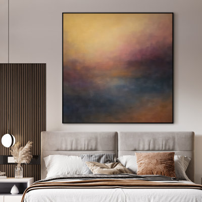 Très grande reproduction d'art sur toile - Abstrait doux brume chaude coucher de soleil en jaune et mauve, décoration pour le salon ou la chambre à coucher - «Assemblage requis du cadre (cadre non fini)»