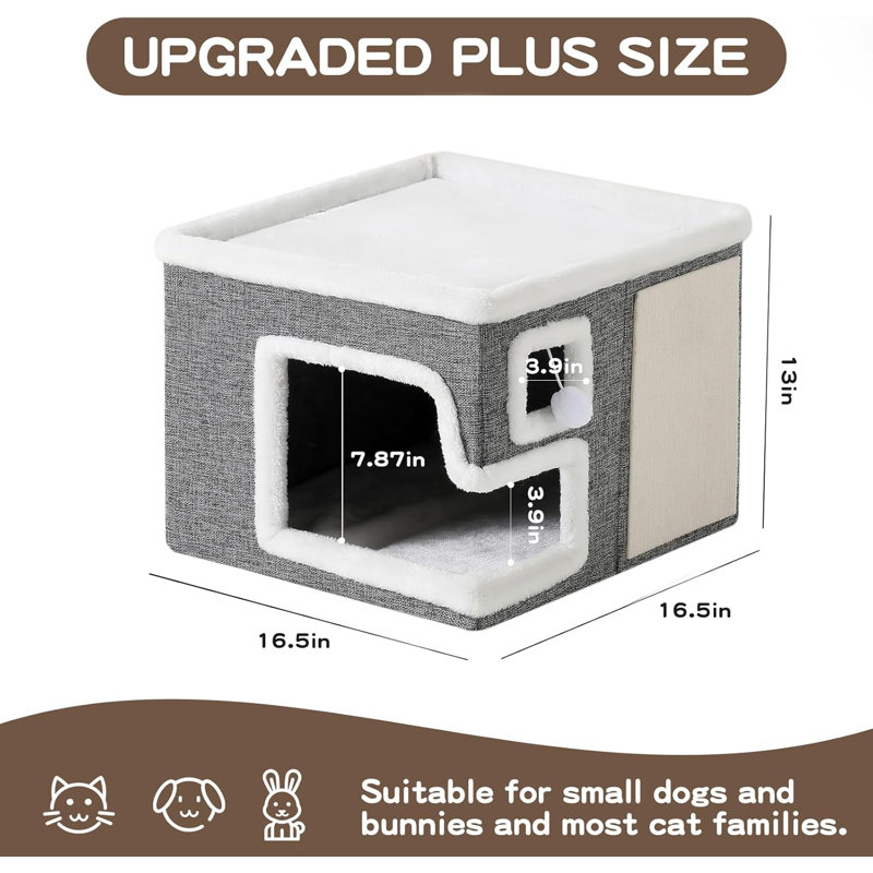 Cages à chat pour chats d'intérieur, lit-grotte couvert avec patin à griffes et boule pelucheuse, maisonnette pliable pour chat pour grands chats (gris, grand)