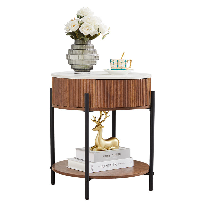 Marble Round End Table With Storage, Walnut, 1