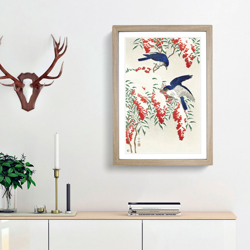Birds on a Nandina Bush by Ohara Koson - Picture Frame Painting Print, 48cm H x 36cm W x 2cm D, Oak Framed