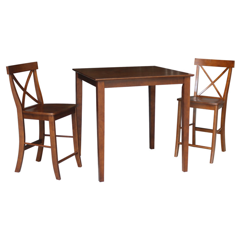 Ensemble de salle à manger à hauteur de comptoir en bois massif Dalonzo, Espresso, 3 pièces