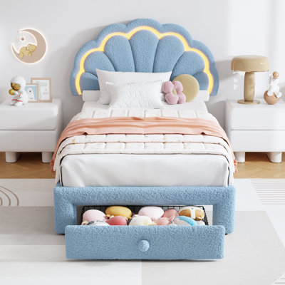 Twin Size Upholstered Bed Frame with Storage Drawer, Berber Fleece Platform Bed, Wood Support, No Box Spring Needed, Easy Assembly, Blue