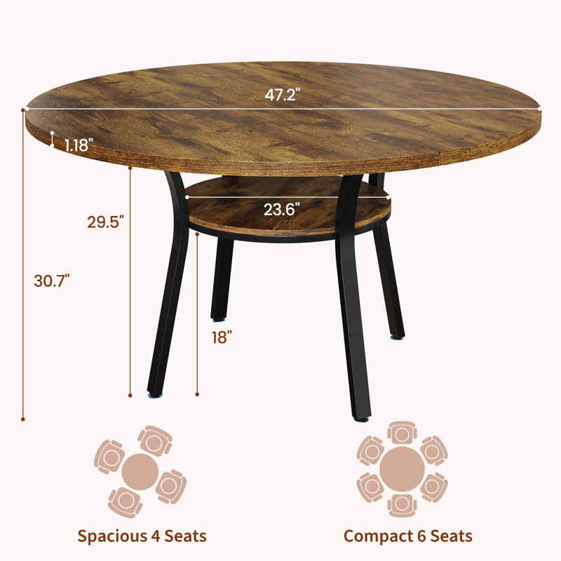 47'' Round Dining Table for 4-6, Farmhouse Dining Room Table, Round Dinner Table with Storage Shelf for Dining Room, Kitchen, Living Room, Vintage