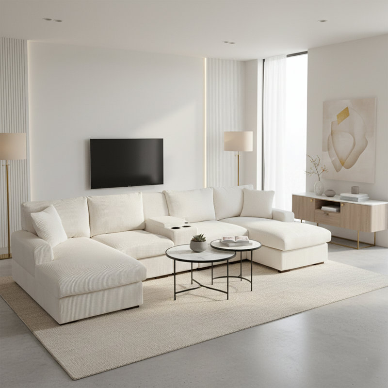 U Shaped Cloud Couch Sectional Sofa, Beige Corduroy
