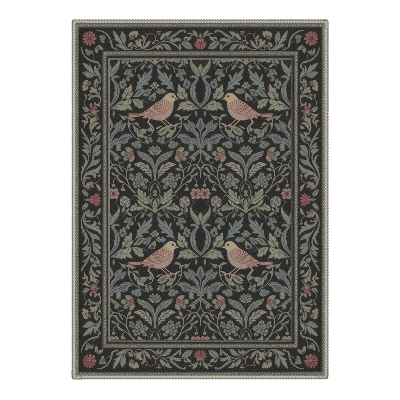 Allendale Auraflora Floral Machine Washable Green / Black Indoor Area Rug with Non-Slip Backing, Round 5'