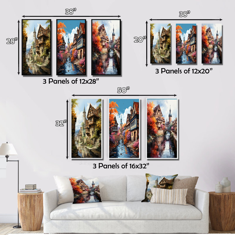 «Allemagne Bavarian Charm», 3 pièces sur toile, Cadre blanc, H 40 po x l 60 po