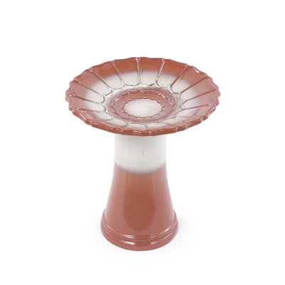 Handmade glazed ceramic bird bath, 17"scalloped tray & 18" pedestal base, rust red off-white gradient glaze outdoor bird feeder for yard, lawn, patio & backyard