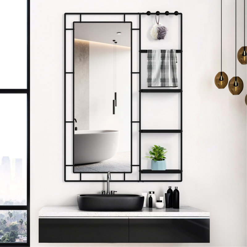 Miroir de salle de bain 30x44 avec tablette de rangement - Miroir de salle de bain à cadre noir, 31 po x 43 po, Noir