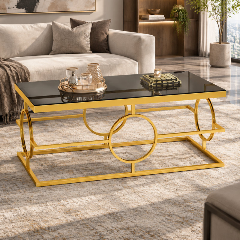 Table basse rectangulaire de luxe avec plateau en verre trempé et structure en métal doré, table de cocktail glamour