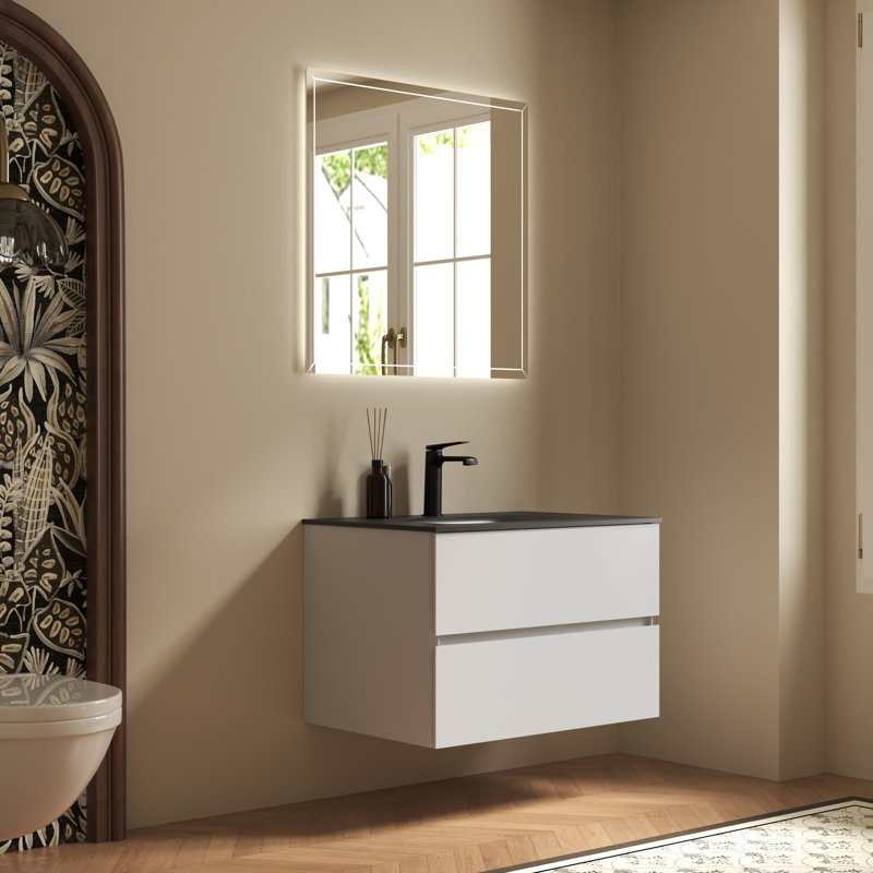 Ensemble de meuble-lavabo mural simple 30 po avec plateau en pierre noire et 2 tiroirs 30 po Modern, 30"