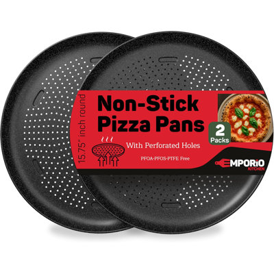 Non-stick Pizza Pan 2 Pack – 16 Inch Round Carbon Steel Pizza Tray With Perforated Holes, Pfoa\pfos\ptfe-free, Dishwasher & Oven Safe Up To 450°f, Durable Nonstick Grey Marble Coating