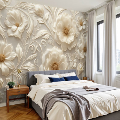 Peel and Stick Wallpaper Elegant Gold Floral Vintage Botanical Flowers Soft Neutral Wall Murals 100"H x 144"W Removable PVC Wall Paper Self-Adhesive Wall Paintings Art Decor for Bedroom Living Room Office Nursery