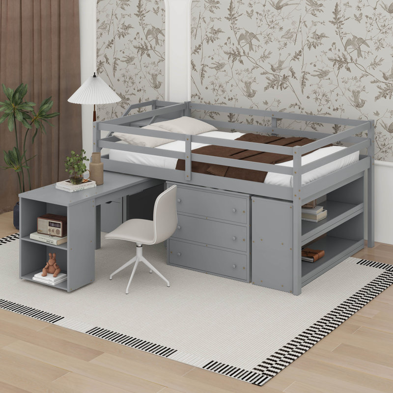 Lit mezzanine double avec bureau d'écriture rétractable et 3 tiroirs, Gris