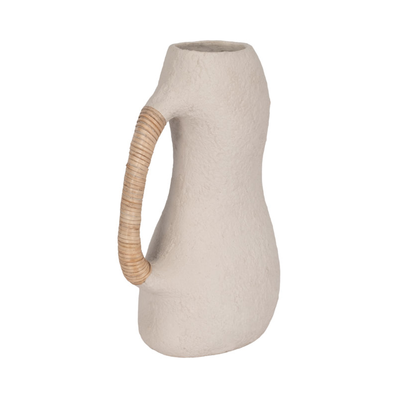Vase Pottery and Ecomix with Woven Cane Wrapped Handle and Sculptural Textured Form in Boho Style, 13" H x 8" W x 5" D