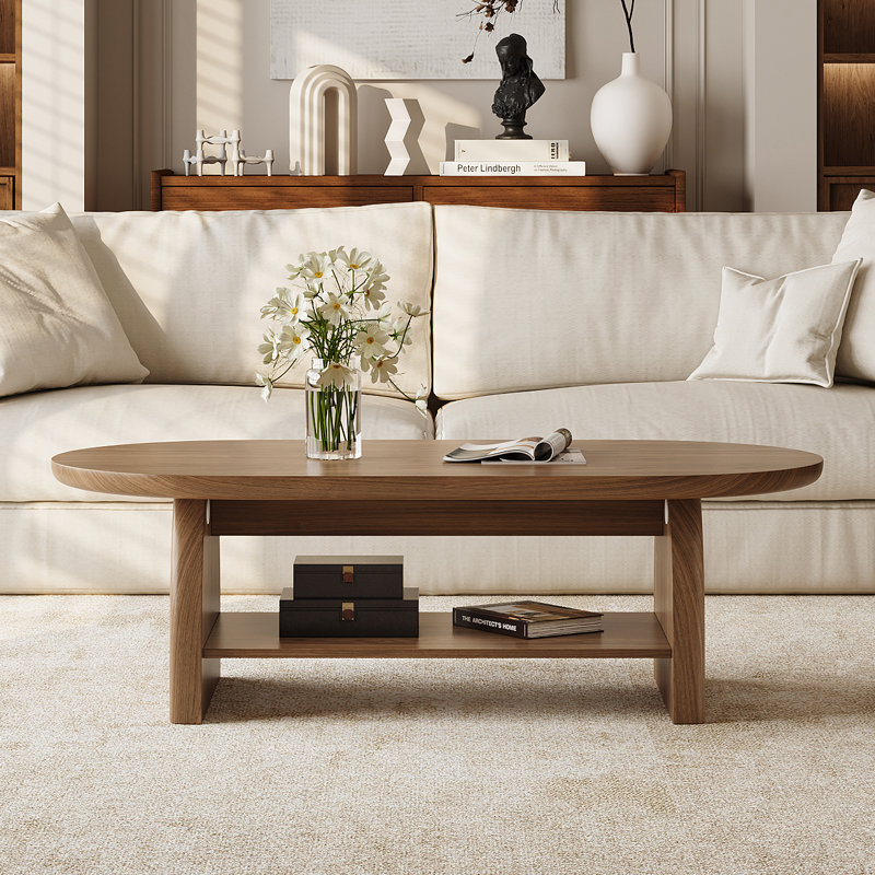 Table basse ovale moderne en bois aggloméré de 47,24 po avec étagère de rangement