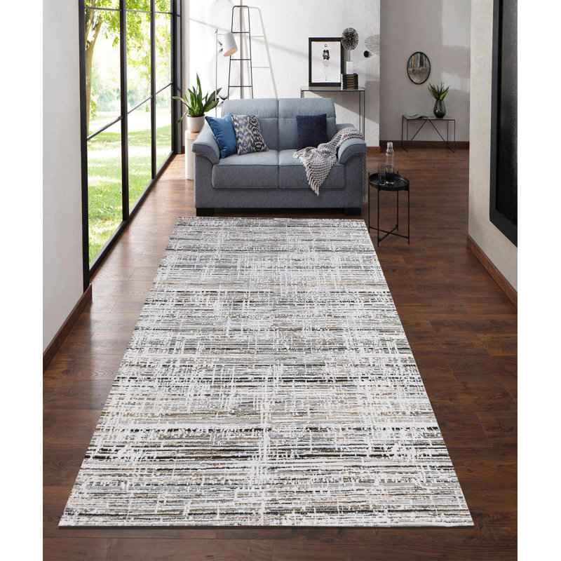 Tapis abstrait gris tissé à la machine Fokko, Tapis de couloir 3 pi 3 po x 9 pi 10 po