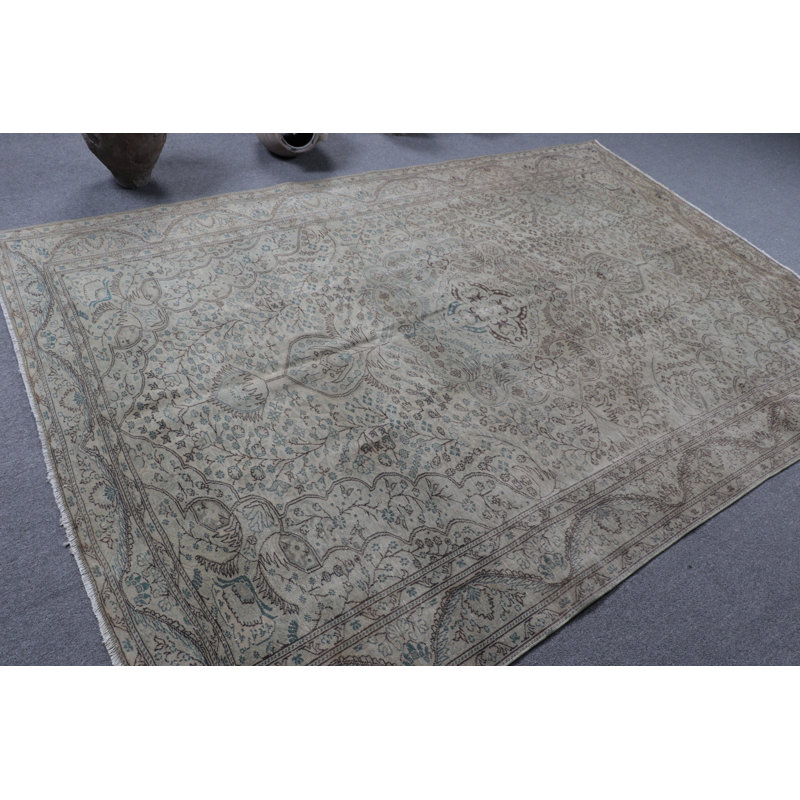 Grand tapis turc Oushak rétro vert avec un motif floral surdimensionné en laine, idéal pour rehausser le décor du salon