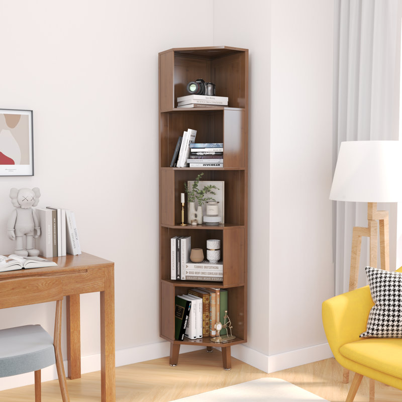 5-Tier Tall Corner Bookshelf Bookcase Bamboo Storage Cabinet Display Shelf, (5 Shelves) 71.4" H x 13.8" W x 13.8" D