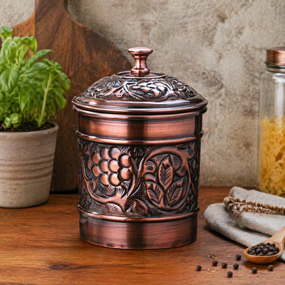 Contenant embossé en acier inoxydable avec couvercle en caoutchouc | Finition cuivre antique | Magnifique contenant de rangement pour comptoir de cuisine, thé, sucre, café, chariot, boîte à farine | 1 pte