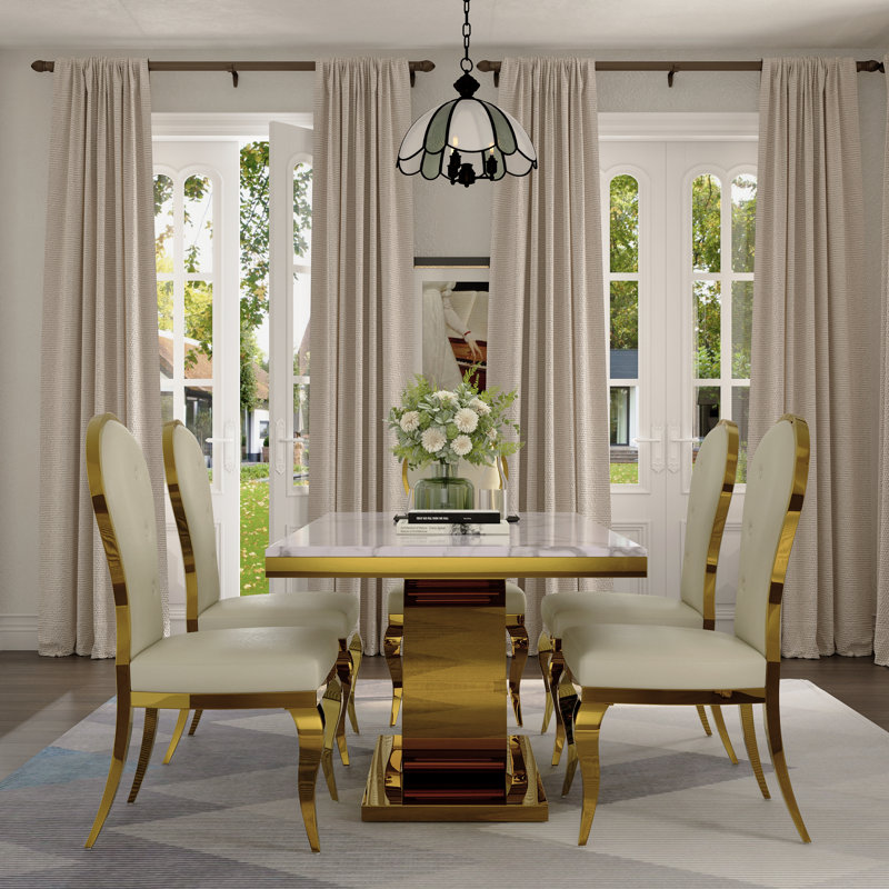 Bernhold Faux Marble Top Metal Base Dining Table, Gold