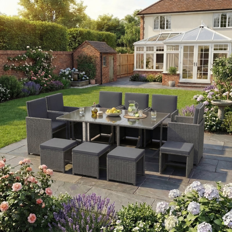 Exia 10 Seater Dining Set with Cushions, UKFR Certified, Grey