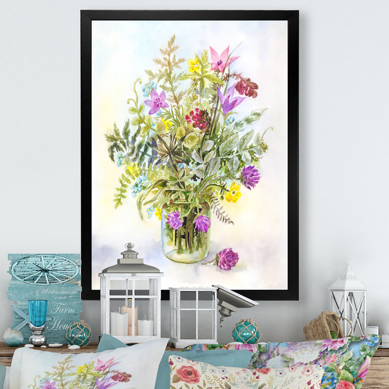 Bouquet de fleurs de prairie en pot de verre, H 12 po x l 8 po x P 1 po, Cadre photo noir