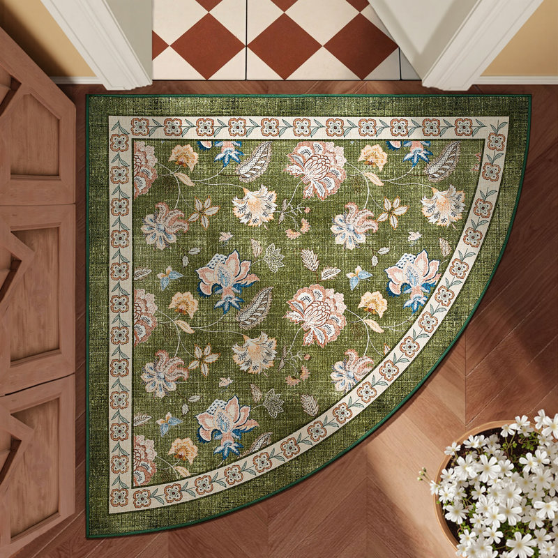 Chinoiserie Floral Rug Vintage Romance Design Washable Non-slip Green, Slice/Wedge 4', Green