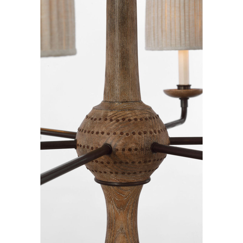 Suzanna Chandelier in Vintage Oak and Aged Iron with Natural Linen Flat Pleated Shades, 34.25" H x 38" W x 38" D