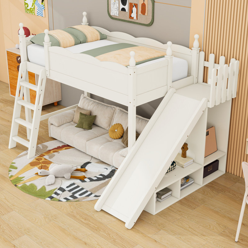 Lit mezzanine avec tablettes de rangement, garde-robe et glissade, Beige, Lit simple