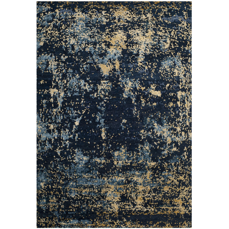 Tapis bleu marine / doré en laine / coton / viscose Tiffany, Rectangle 10 pi x 14 pi
