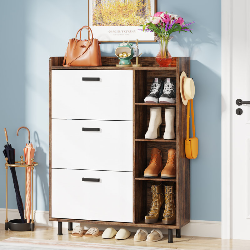 Freestanding 22 Pair Shoe Storage Cabinet, White/Brown