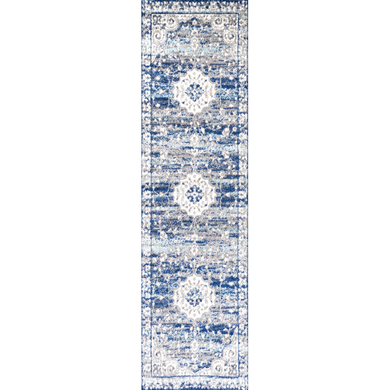 Marzo Ornate Bohemian Medallion Blue/Dark Gray Rug, Runner 2'3" x 8'