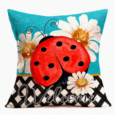 Summer Wild Dasiy Ladybug Cushion Covers - Welcome Words Cotton Linen Throw Pillow Case for Seasonal Outdoor Decor & Holiday Summer