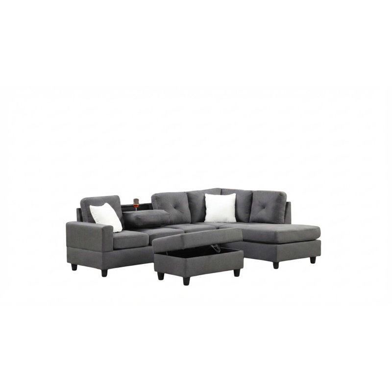 Canapé modulaire moderne en L avec design réversible et table rabattable, Charcoal Linen, Right Hand Facing