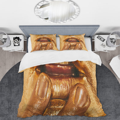 Close Up Of Woman Lips With Bright Golden Makeup I - Modern Duvet Cover Set - Microfiber Polyester